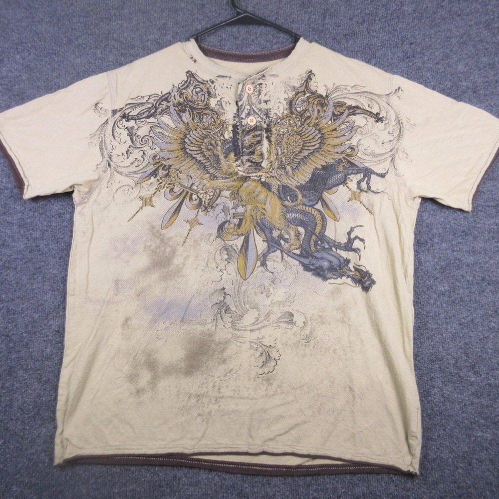 Y2k Route 66 Shirt Mens XL Beige Dragon Graphic Henley T Shirt Tee Fantasy Art
